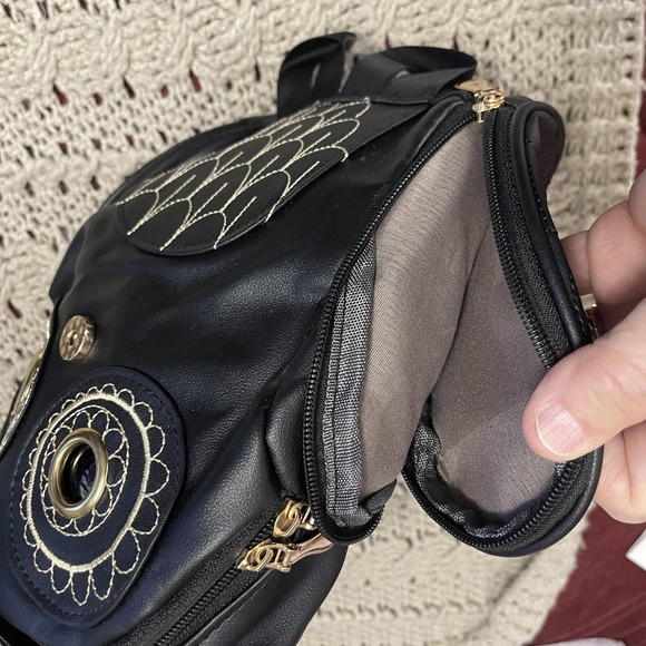 Owl Backpack Black Faux Leather Embroidered Eyes Side Zipper Pockets Cute‎ Bag - Picture 7 of 16
